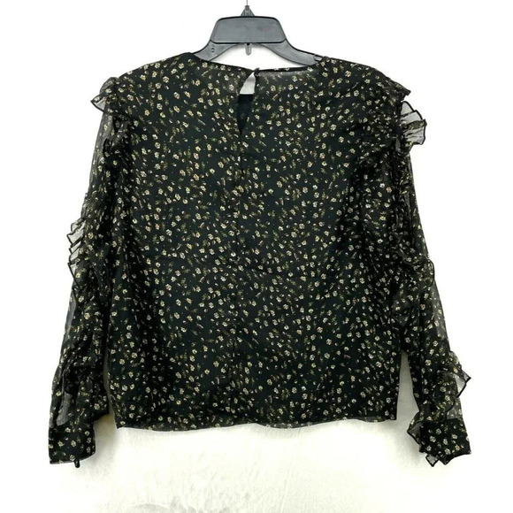 H&M Blouse Women's Sz 6 Black Floral Ruffle Puff Sleeves Long Sleeves Sheer - Picture 2 of 11